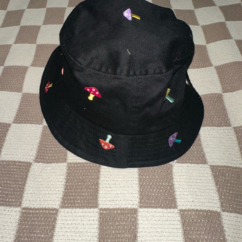 Black Mushroom Embroidered Kids Bucket Hat